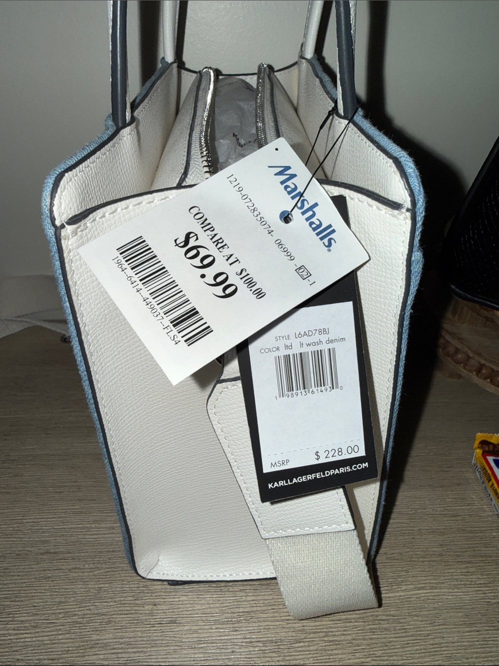 Karl Lagerfeld Denim Satchel with Pearl Stud Accents and White Handles - Picture 5 of 5